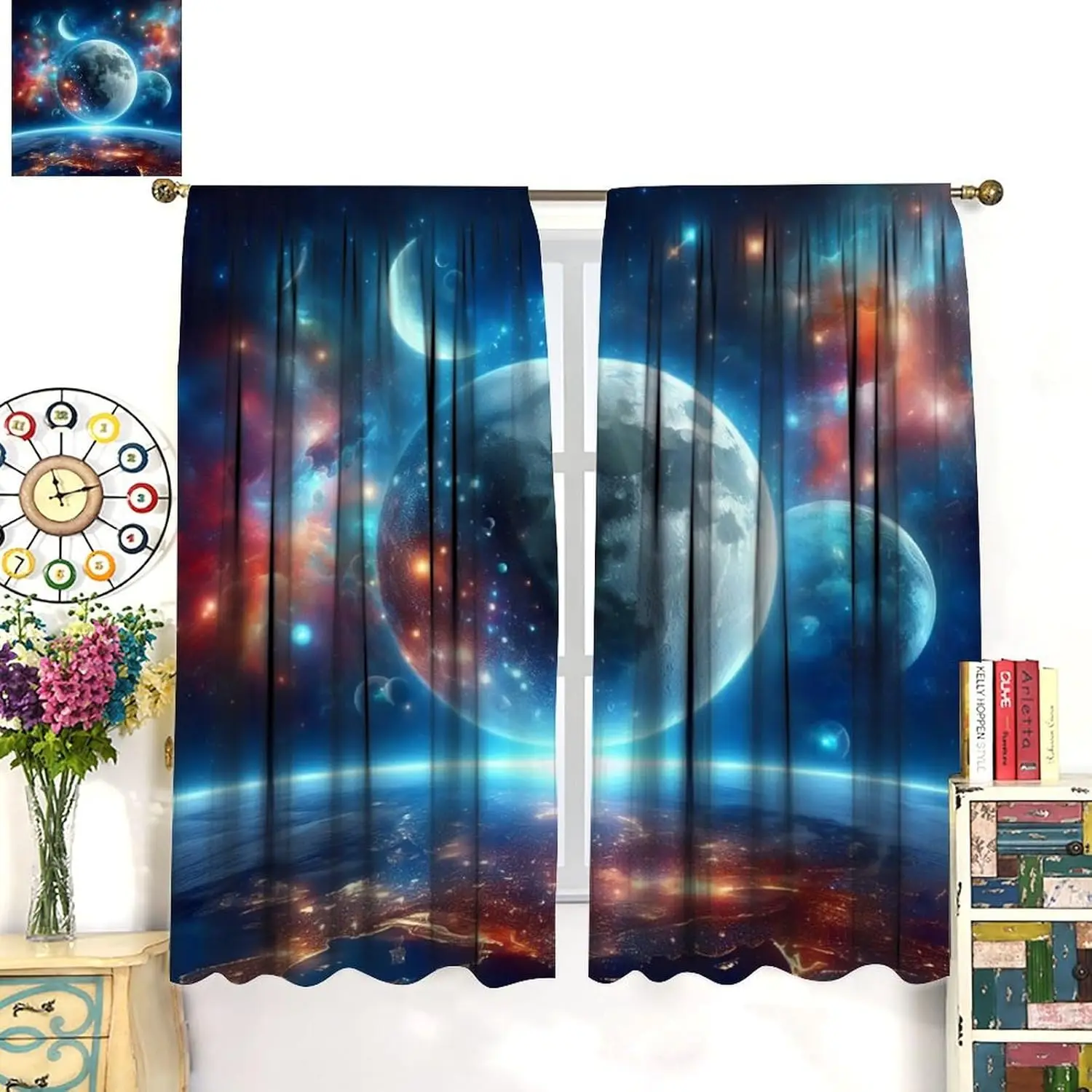 Galaxy Planet Curtains Earth Moon Outer Space Universe Nebula Stars Starry Sky Kids Blackout Window Drapes for Bedroom Living