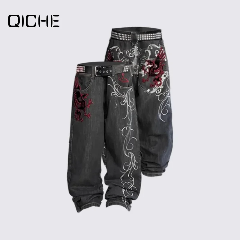 QICEH 2026 Men American Hip‑Hop Streetwear Jeans Embroidered Loose Straight‑Leg Trendy Dance Casual Long Trousers