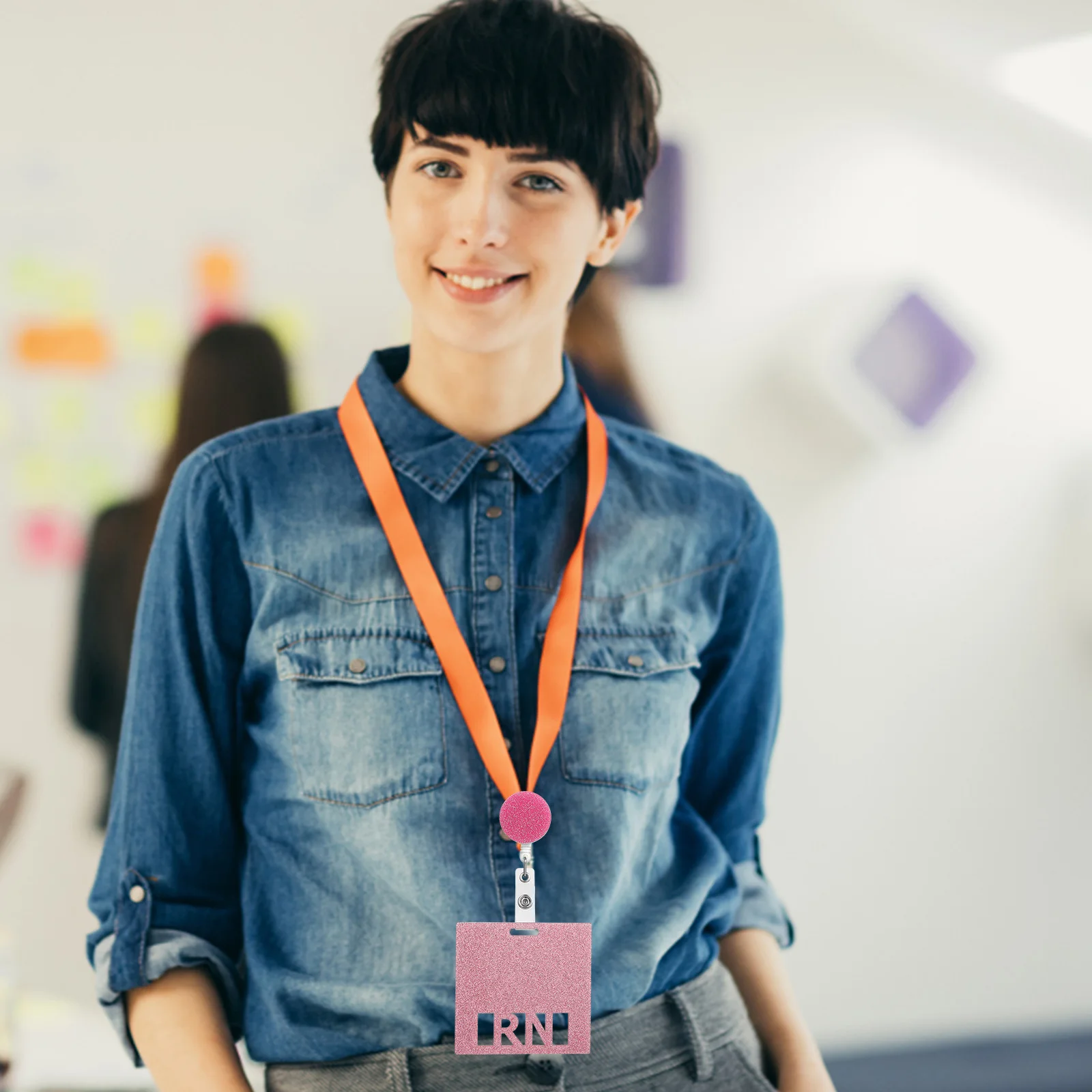 

2Pcs Horizontal Badge Card with Glitter Pink Design Retractable Buckle for Nurse Id Card Women Work Id Badge Easy Clip