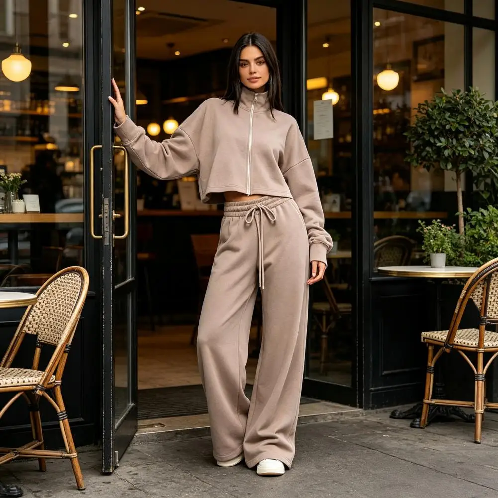 Women Lounge Sets Women’s Fall Jacket Pants Set Stand Collar Zip-up Outerwear Drawstring Wide Leg Two-piece Suit for Ladies.