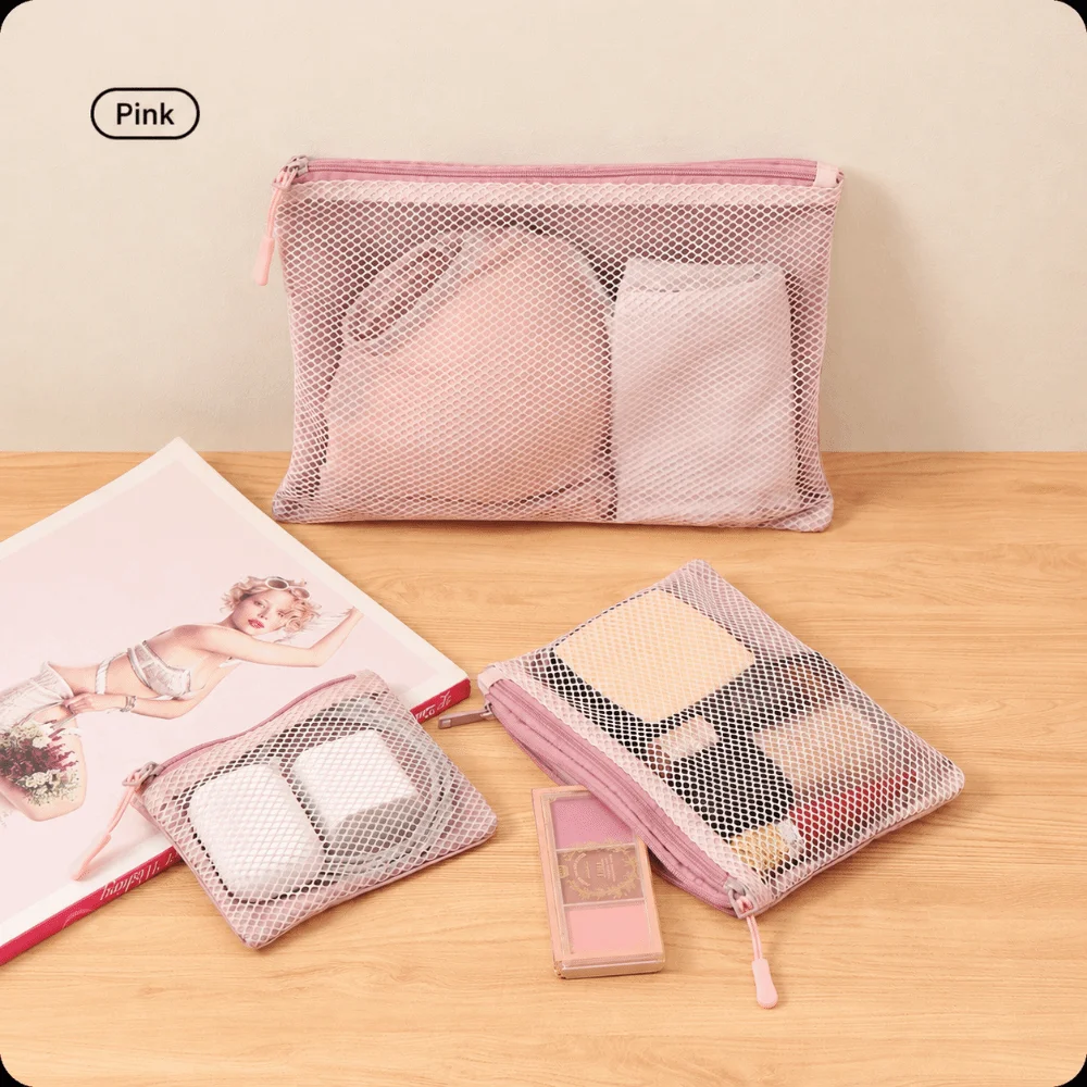Portable Double Zipper Mesh Organizer Pouch Multi-size Polyester Storage Pouch Dual-Layer Makeup Bag Travel