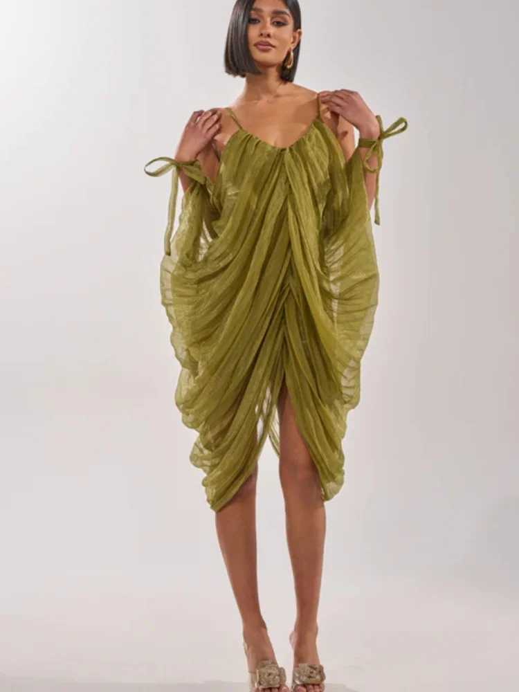 CM.YAYA Robe Midi Femme en Maille Transparente Drapée à Col Plongeant Style Mini-Slip, Asymétrique, Été 2026, pour Vacances et Anniversaires