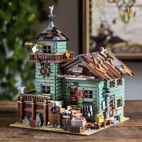 2613 Pieces of Fisherman's Cottage Building Brick Set, Island Pier Street Scene Assembly Toy Fishing Boat/Log Cabin Model, Adult