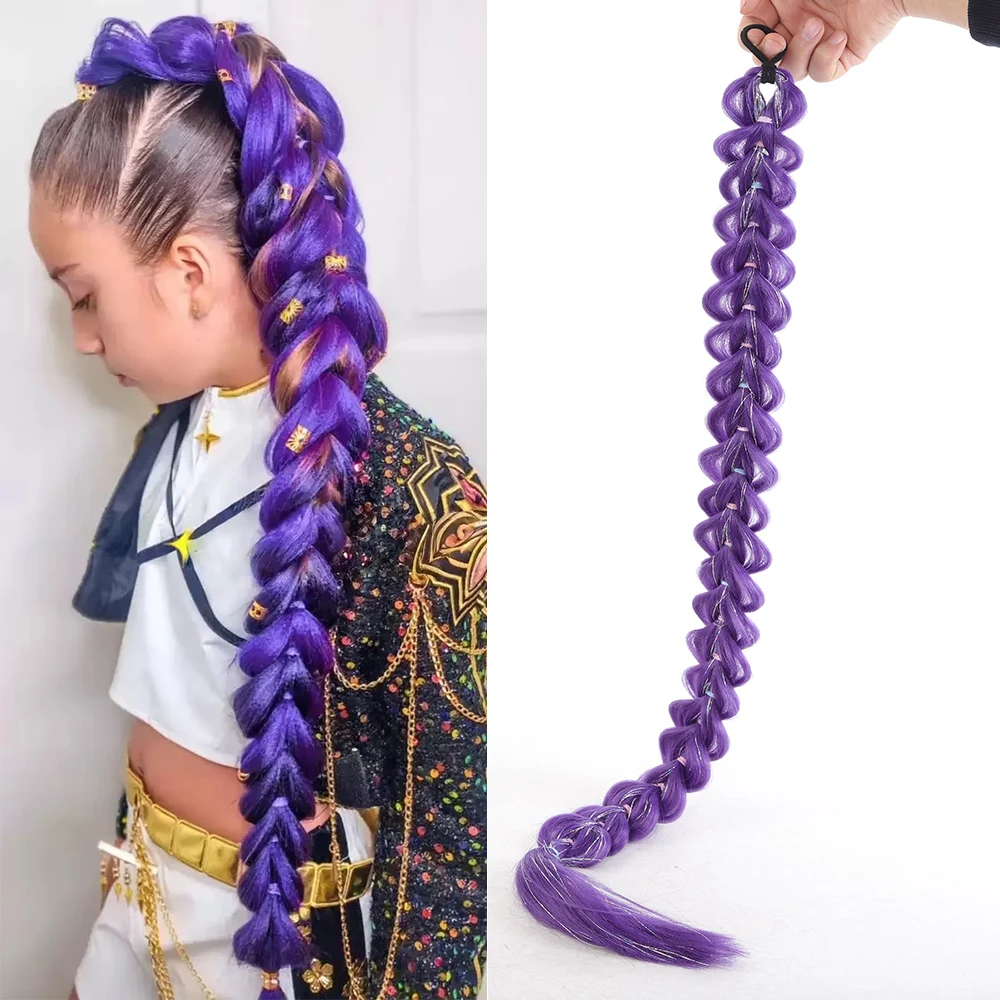 

32-дюймовый очень длинный синтетический парик с фиолетовыми косами | Мерцающий металлический блеск | Детский рождественский костюмный аксессуар для волос