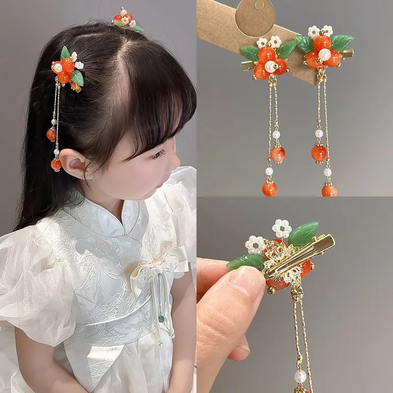

Детская заколка для волос в стиле Ханьфу с древнекитайским хурмовым узором, этнический стиль, ручная работа, милый аксессуар для повседневного использования, подарок на праздник