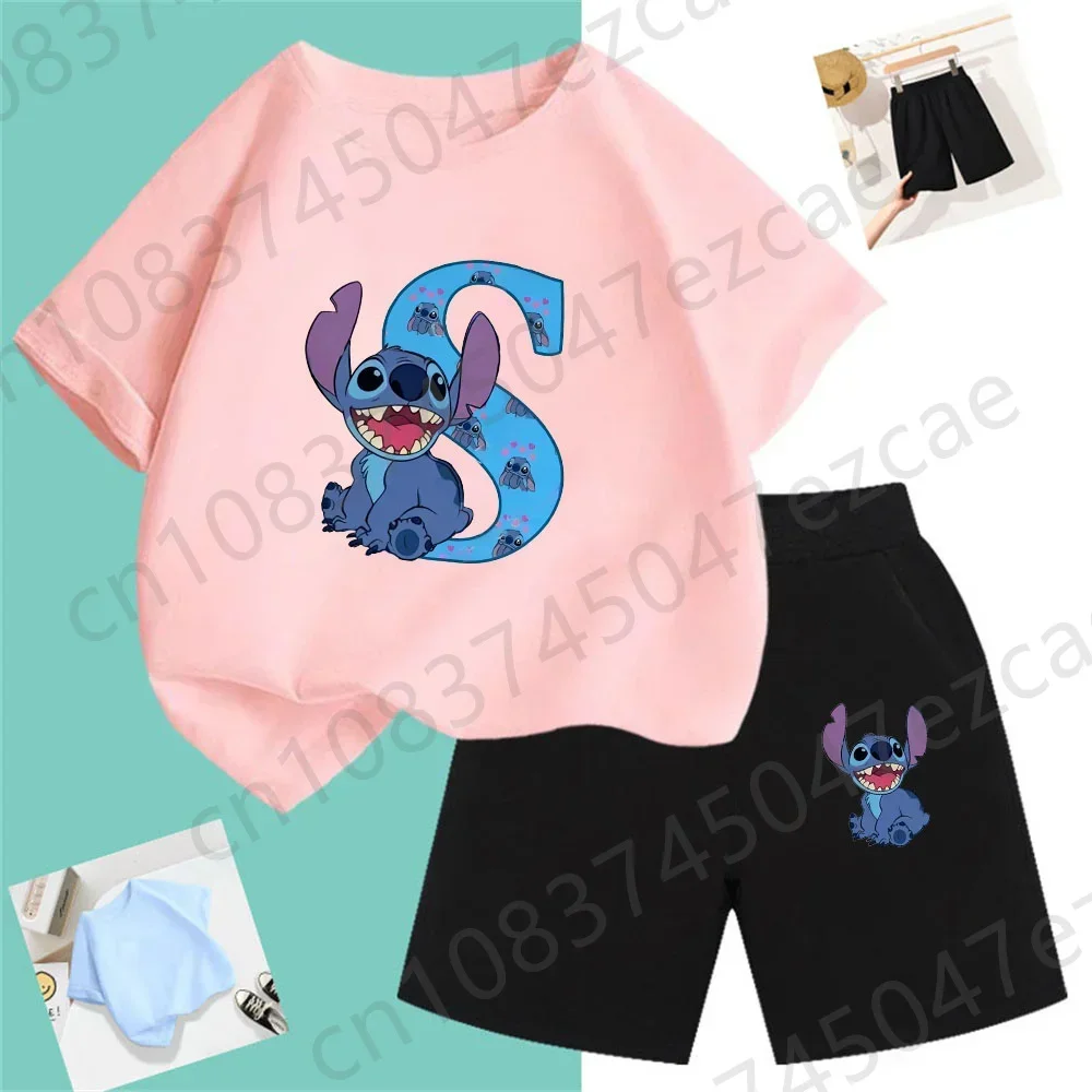 T-shirt Lilo e Stitch Set Compleanno Lettera fortunata Cotone Abbigliamento per bambini Ragazze e ragazzi Camicie sportive T-shirt comiche Baby