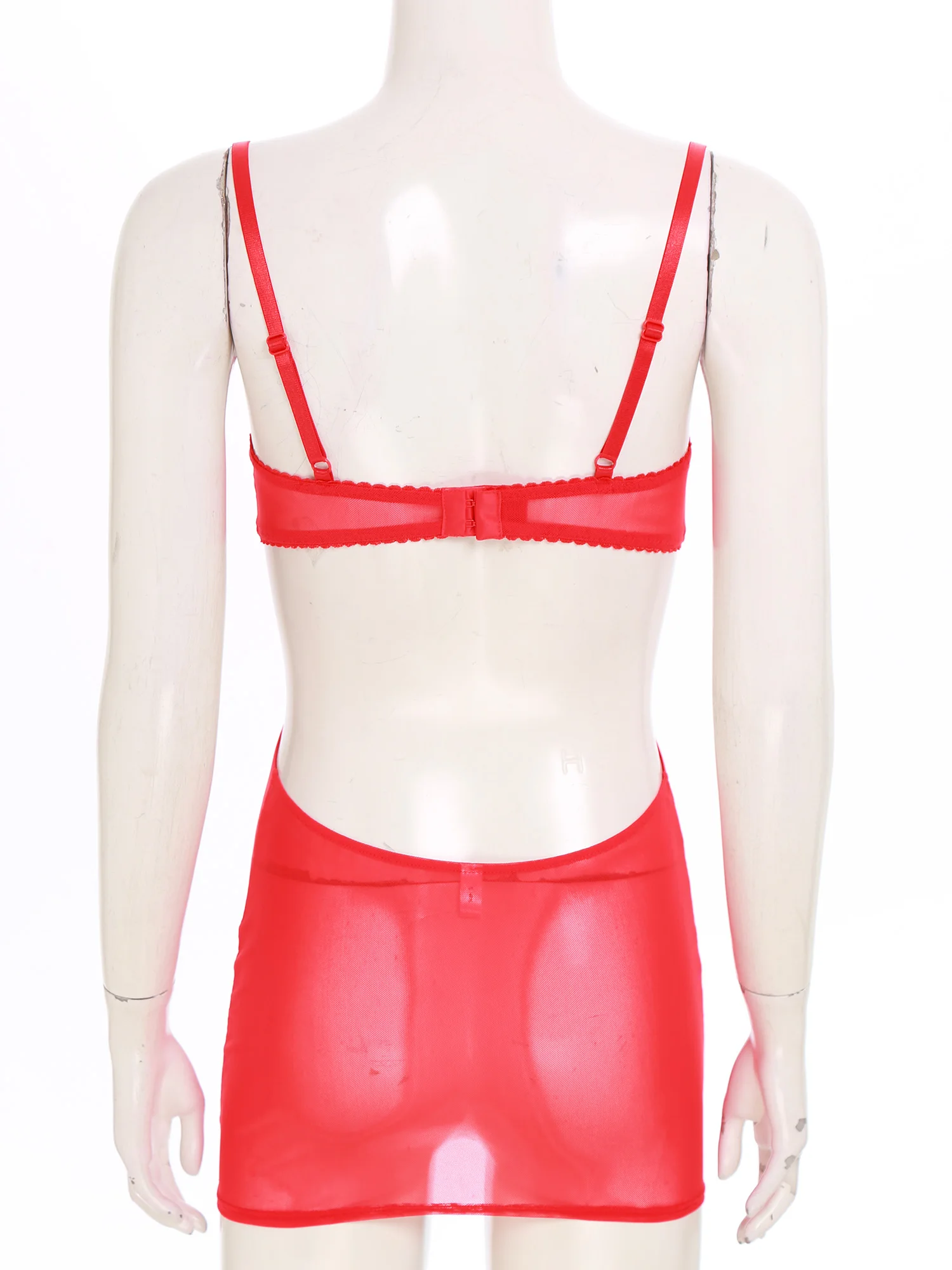 Womens Sheer Mesh Lingerie Jurk Zien Door 1/4 Cup Beugelbeha Bodycon Mini Jurk Strik Spaghettibandjes Babydoll Jurk