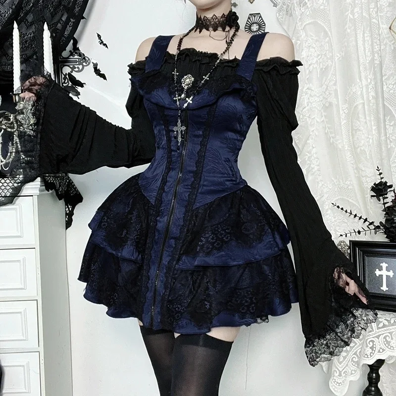 

Goth Jacquard Lace Trim Square Collar Zipper Corset Strap Short Dress New Fashion Lolita Slim Mini Dresses For Women Autumn