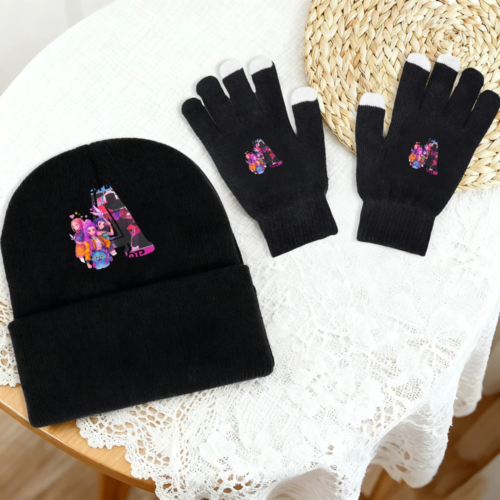 

2 Pcs K-Pop Knit Hat and Glove Set Cartoon Alphabet Print Knit Hat and Glove Combo Children Winter Warmth Accessories Kids Gift