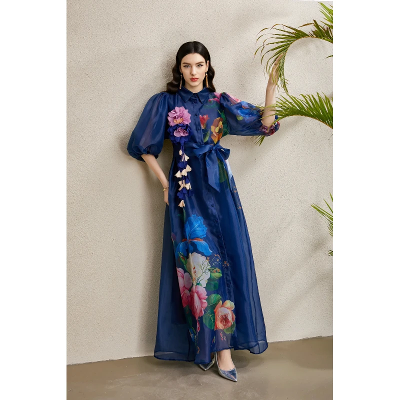 フレンチシックヴィンテージボヘミアンプリントイブニングパーティードレス女性用メッシュパフスリーブシングルブレストサンドレス婦人服ロングドレス