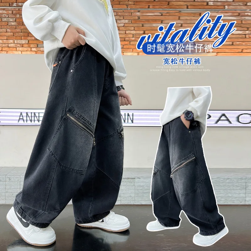 High Quality Kids Cargo Jeans for Boys Heavy Work Baggy Loose Fit Denim Pants with Pockets Fashionable Tweens Child Jeans Trouse