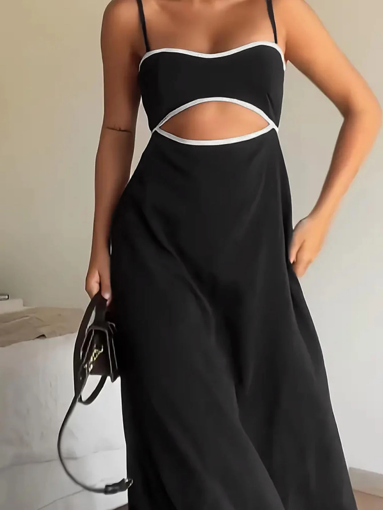 One Spring & Summer Black-White Cutout Slip Maxi Dress, Fashionable & Comfortable, Casual Personalized Style, Outdoor Trip, Youn