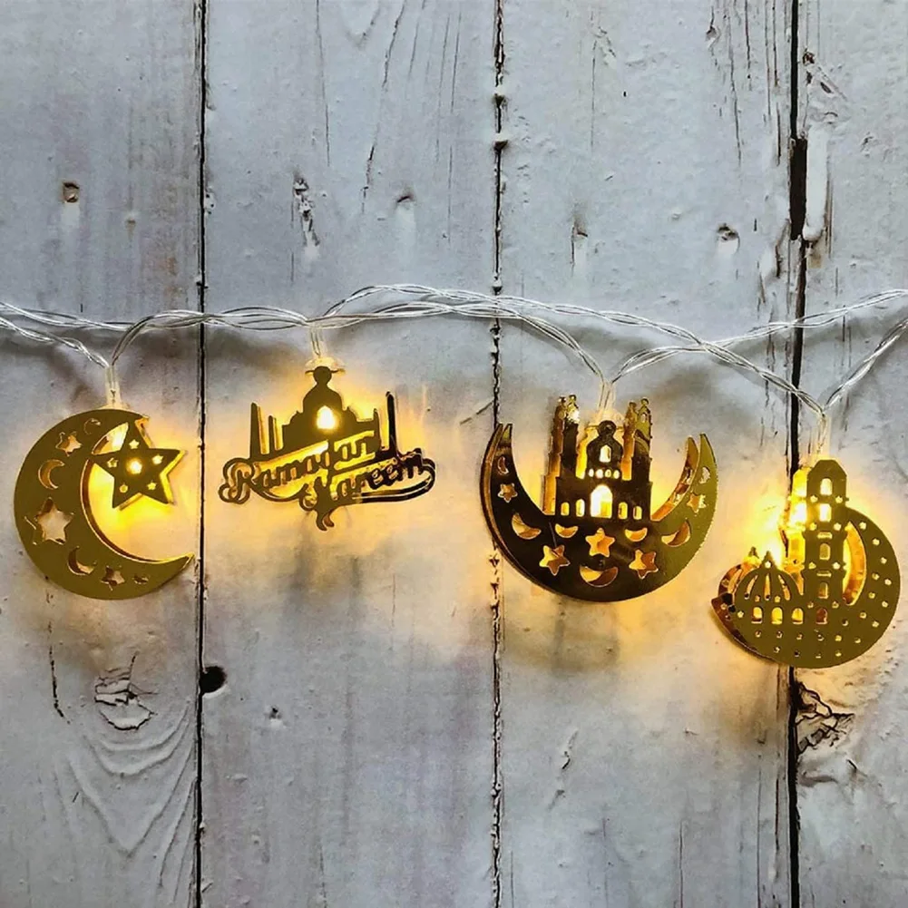 BFYLE 10 LED Decoraciones doradas de Ramadán Decoración Eid Linterna de luna y estrella Luces de Ramadán con pilas, Cadena de luces para fiesta de Ramadán