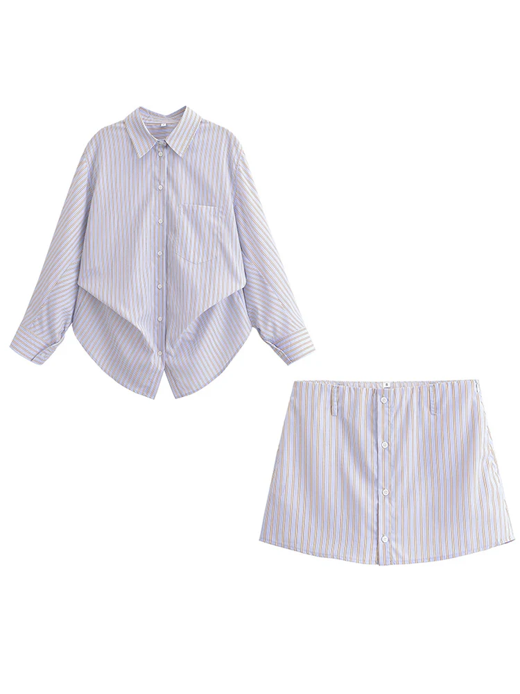 

TFMLN модная женская полосатая блузка, комплекты рубашек, повседневная рубашка с длинными рукавами, верхняя юбка на молнии сбоку, шорты, лето 2021, женская одежда