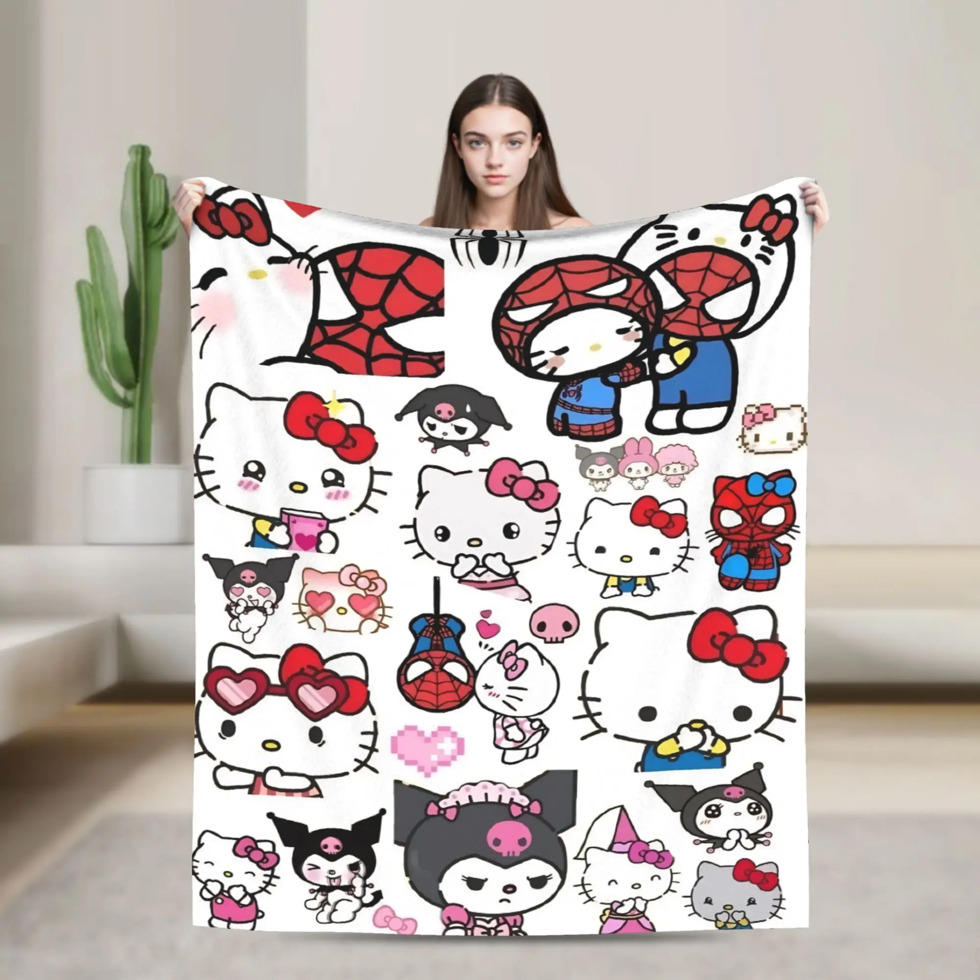 

Hello Kitty Spider-Mans Blanket Girlfriend Boyfriend Fuzzy Novelty Warm Throw Blankets for Home Spring/Autumn