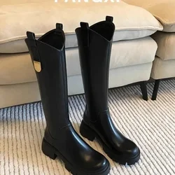 Thick Soled V-necked Long Leg Knight Boots for Women's 2024 Autumn Winter New Fashion Long Leg Knee Length Womans Boots Zapatos