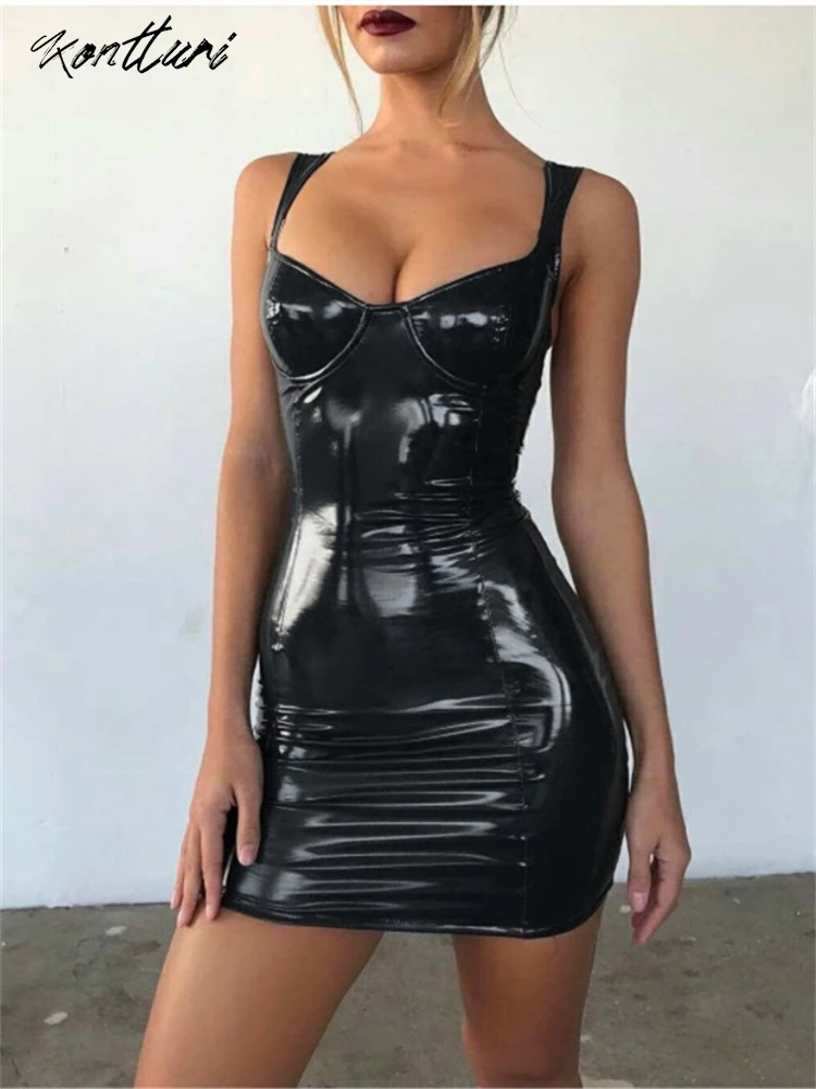 Kontturi Summer Leather Sexy Party Dresses For Women 2024 Fashion Spaghetti Strap Backless Dress Black Bodycon Mini Dress Female