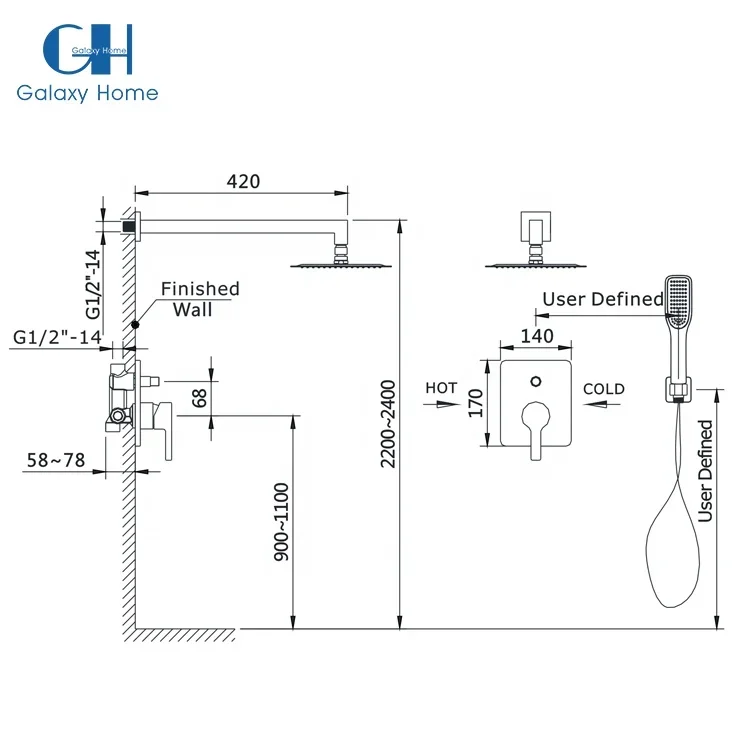 Chrome Square Wall Mounted Concealed 2 Function Waterfall Bathroom Shower Set For Home Hotel Bathroom