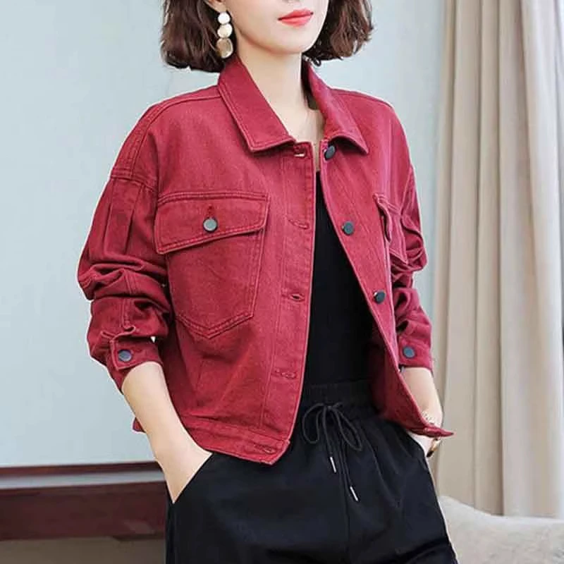 

Red Denim Jaet Women's Faion Organic Cotton Blend ort Outerwear Loose Fit Sle Resistant to Deformation Daily Wear
