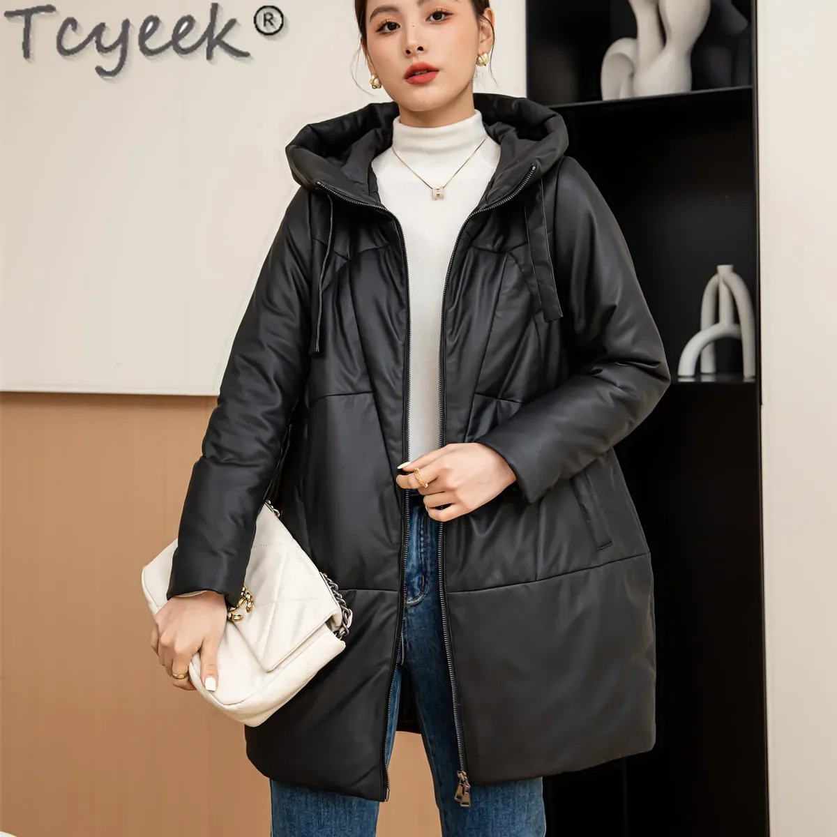 Tcyeek Genuine Leather Down Jacket Women Mid-length Winter Jackets Top Layer Sheepskin Coat for Woman Clothing Casaco Feminino