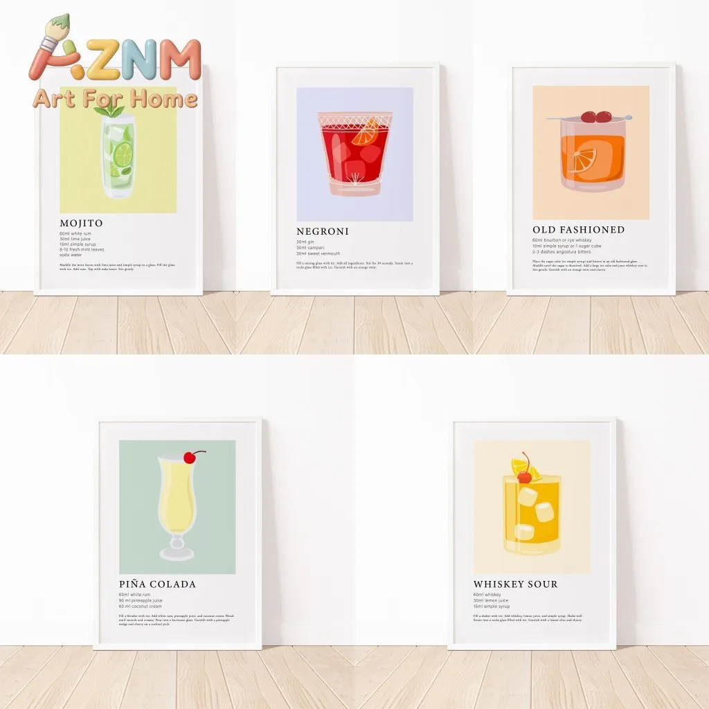 Modern Colorful Minimalist Alcohol Canvas Poster Cocktail Wall Art Aesthetic Drinks Print Kitchen Bar Living Room Decor
