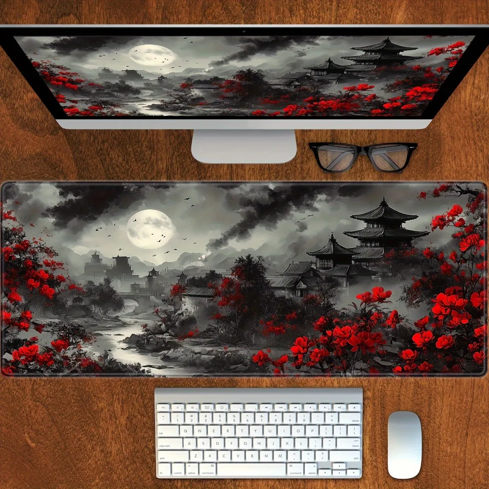 Japanesestyle gaming mouse pad and keyboard pad Designed with cherry blossoms by the river full moon tower motif tapis de souris