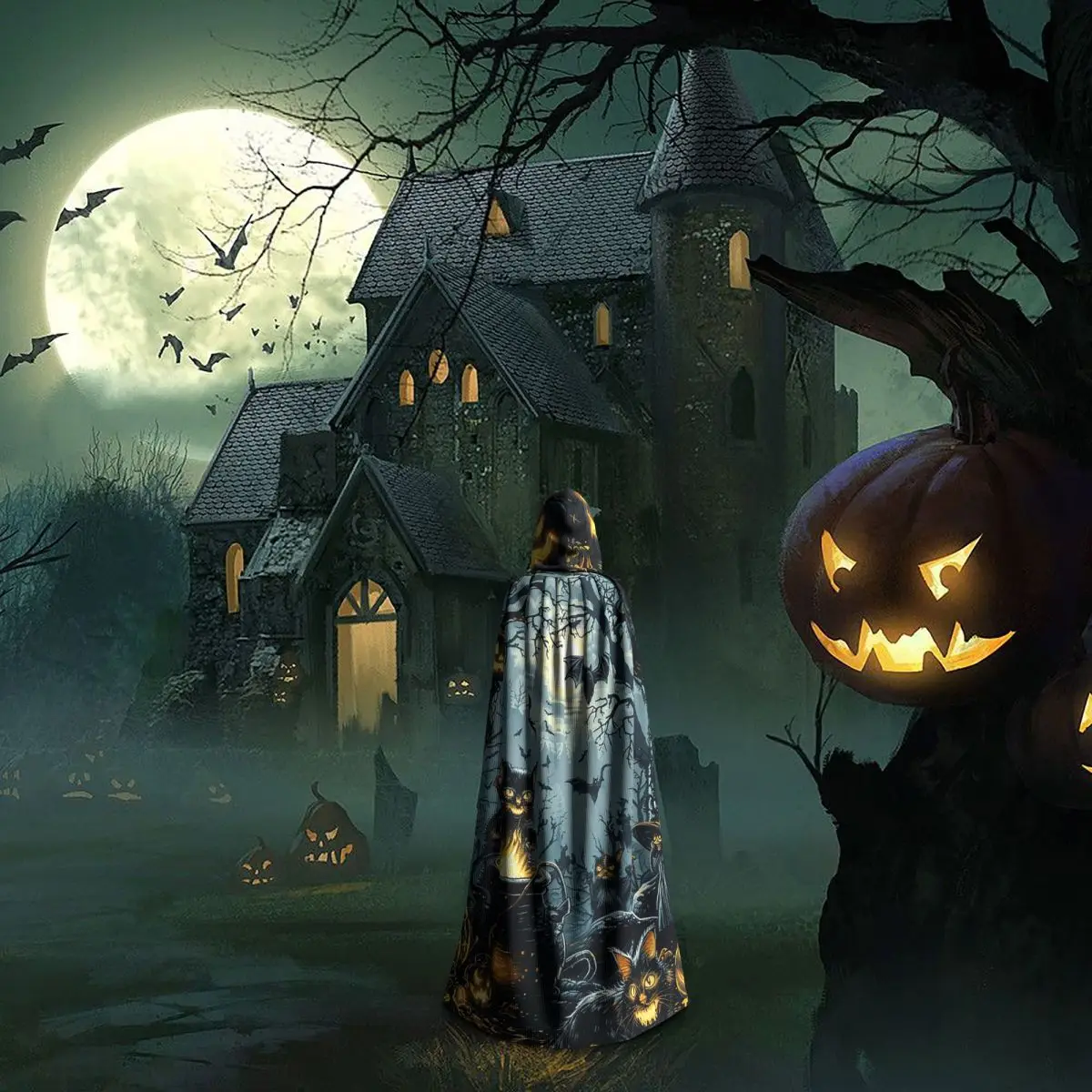 Vintage Jesienny Halloween Alchemik Eliksyry Czarne Koty Okultystyczny Długi Płaszcz z Kapturem Wiedźma Średniowieczny Kostium Cosplay Peleryna Halloween Wampir