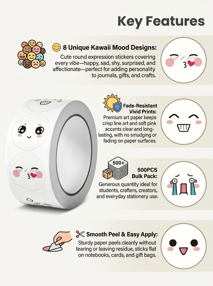 1Roll(500pcs) 1'' Round Funning Face Expressions Stickers for Kids Teacher Reward School Supplies Animal Incentive Home Decor