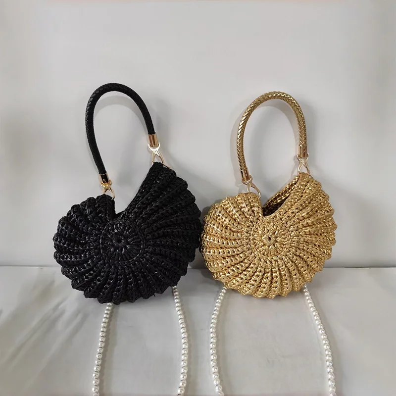 

Новая плетеная сумка-ракушка металлического цвета с жемчужной цепочкой, элегантная сумка через плечо, простая и стильная сумочка для летнего пляжного отдыха.