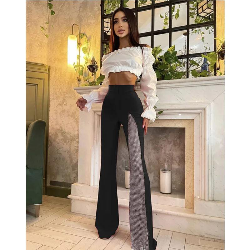 New Fashion Women Bandage Flare Pants Diamonds Mesh Patchwork Casual High Waist Bodycon Long Boot Cut Pants High Street