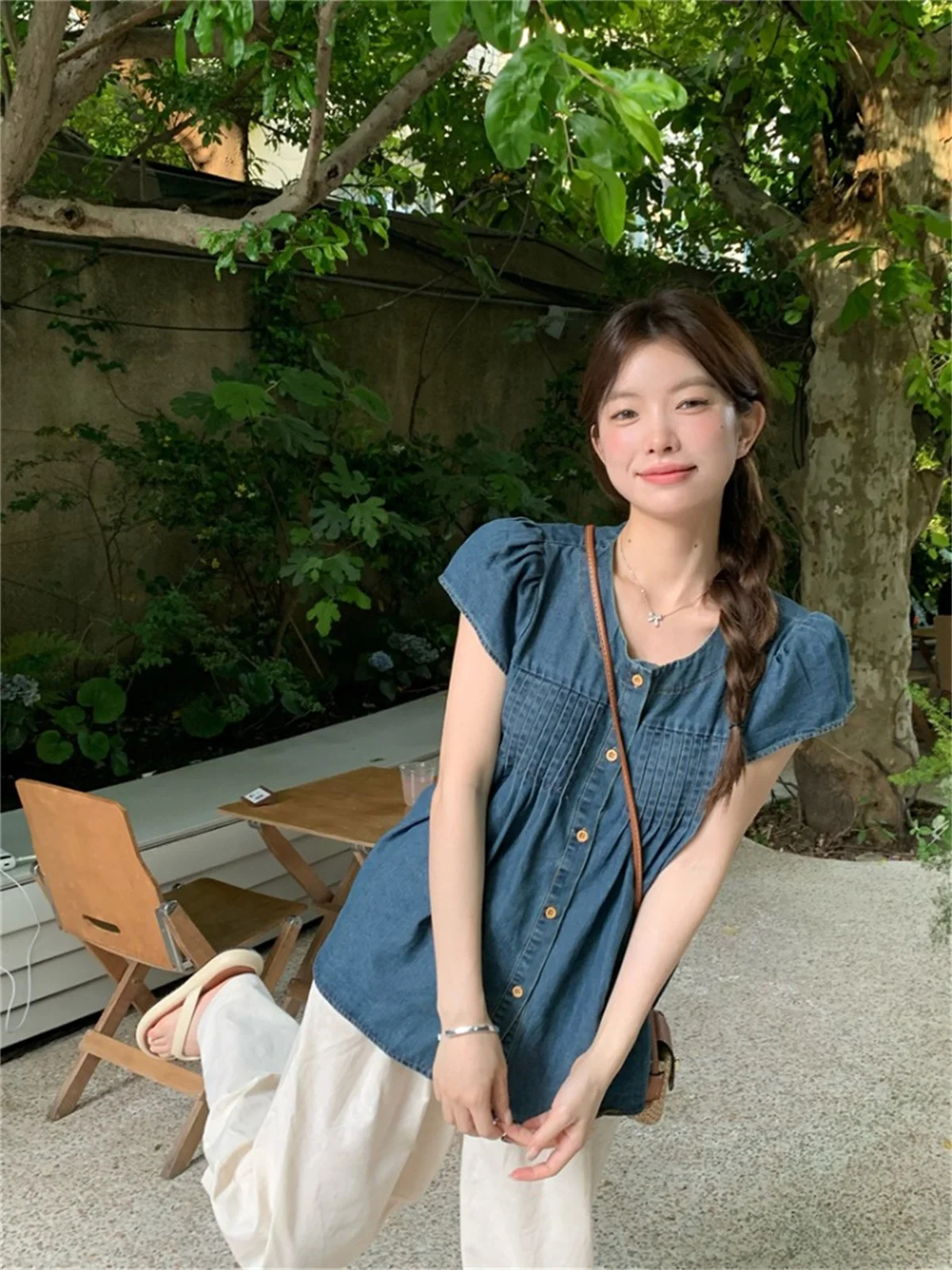 Vintage Denim Shirt Top Pleated Single Breasted O Neck 2024 Pleat Short Sleeve Shirts Casual Summer Loose Women Solid Chic Tops