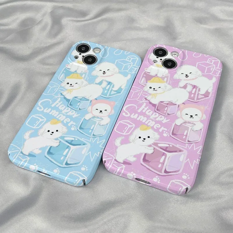 Korean Ins Cute Ice Cube Puppy Oil Painting Case for IPhone 16 15 14 13 Pro Max Back Phone Cover for 12 11 Pro Plus 7 X XS Cover