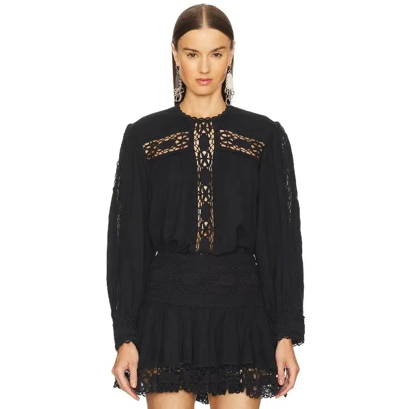 

Retro Cotton Linen Embroidered Lace Trim irt Pleated f Skirt Spring Summer New Sle Women's Faion Set