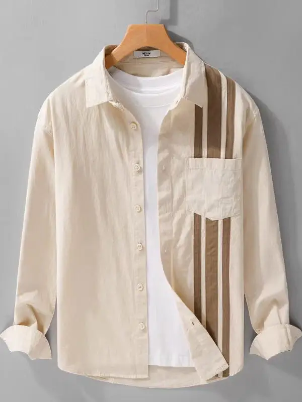 

Корейская мужская рубашка с контрастным воротником в полоску, с длинными рукавами, повседневная, весна-осень, новая, простая, для отдыха, верхняя одежда, высокое качество