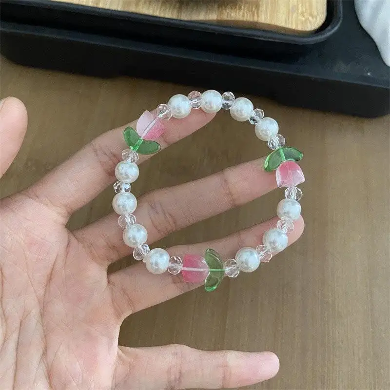 Korean Trendy Cute Colorful Crystal Glass Beads Bracelet for Women Sweet Girls Tulip Flower Charm Bracelets Aesthetic Jewelry