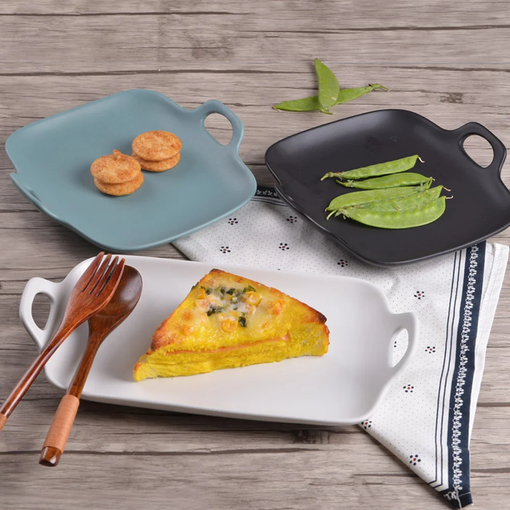 

Simple 8 Inch Matte Glaze Ceramic Dessert Plate Double Handle Porcelain Serving Tray Fruit Steak Breakfast Kitchen Tray