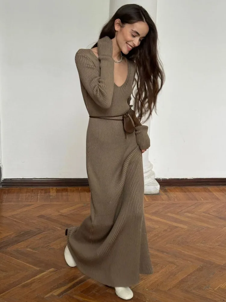 Blifanbo Stricken Elegante V-ausschnitt Maxi Kleid Frauen Herbst Winter Dünnes Langes Kleid Pullover Stricken Bodycon Mode Langes Kleid Streetwear