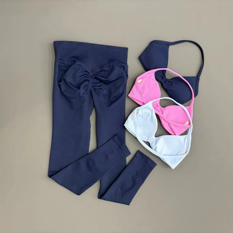 2Pcs Workout Set Women Seamless Halter Sports Bra Suit Butt Lifting High Waist Leggings Yoga Pilates Gym Running Fitness Outfit
