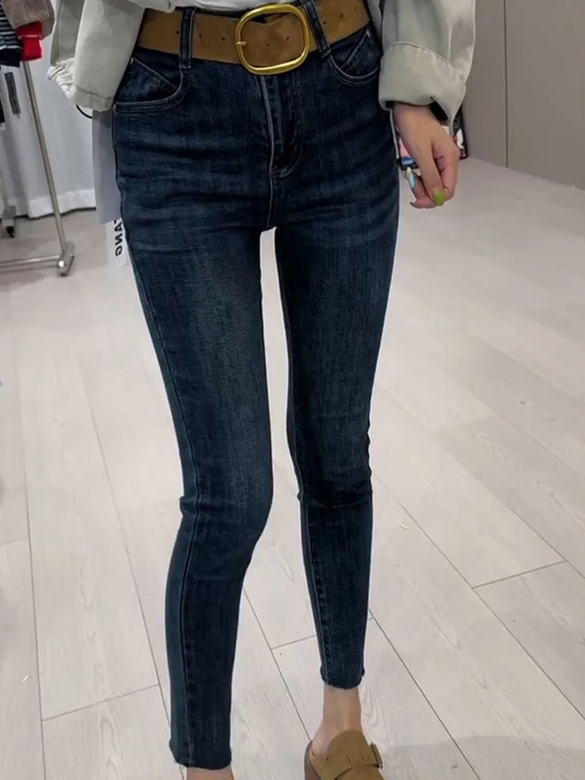 High Waist Fleece Lined Skinny Jeans Women's Fall New Small Size Elastic Slim Fit Versatile Nine Point Pencil Pants