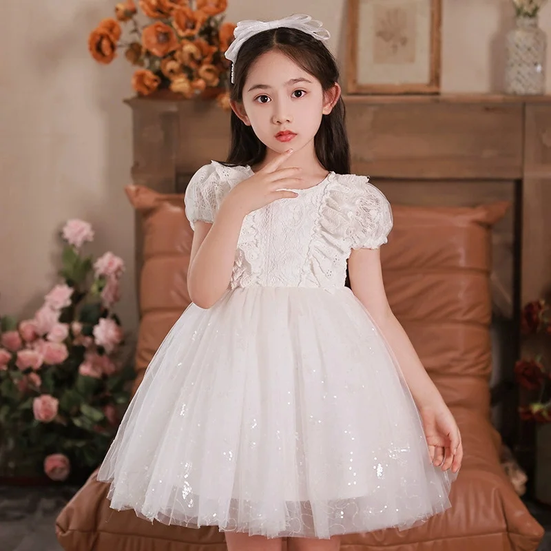 Princess Puffy Dress for Girls Fashion Lace Sequin Evening Dress Children's Baptismal White Costume Kids Girl Birthday Dress