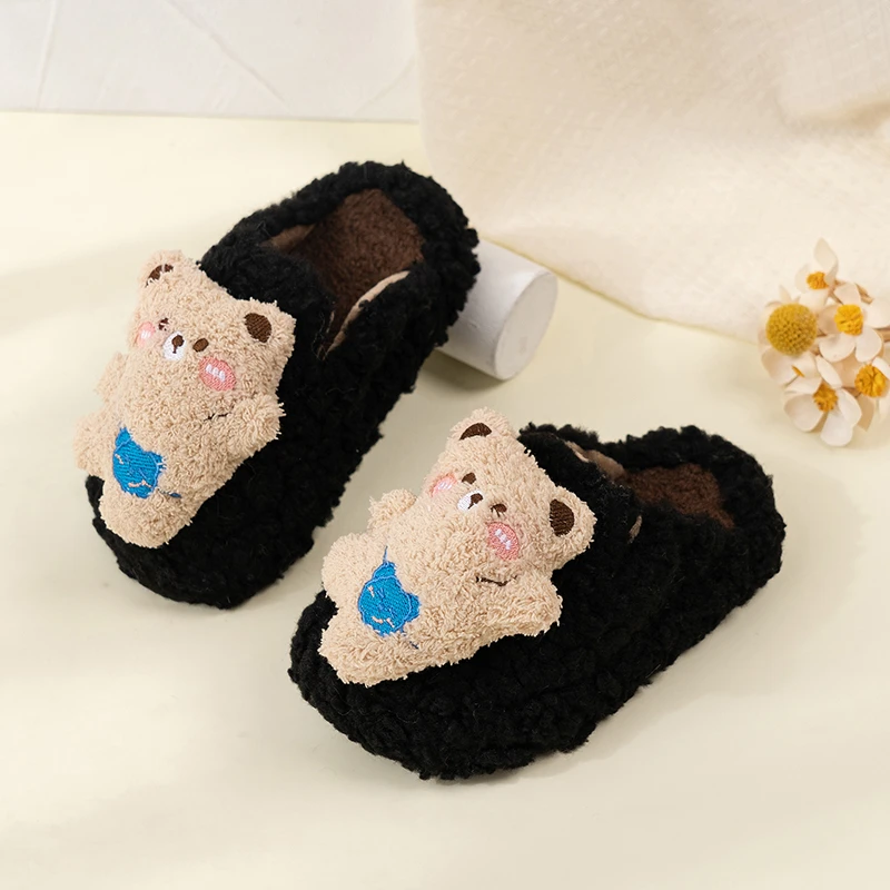 

2025 New Fashion Children Suede Shoes with Cute Bears Kids Warm Slippers for Winter Girls Fashion Slippers Soft Bottom Non-slip