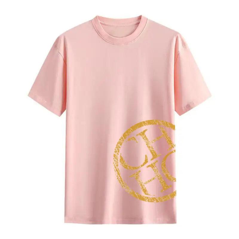 CH ヴィンテージ サークル プリント コットン Tシャツ ブラック ホワイト カラー選択 ルーズフィット ラウンドネック ユニセックス レトロ スタイル トップ