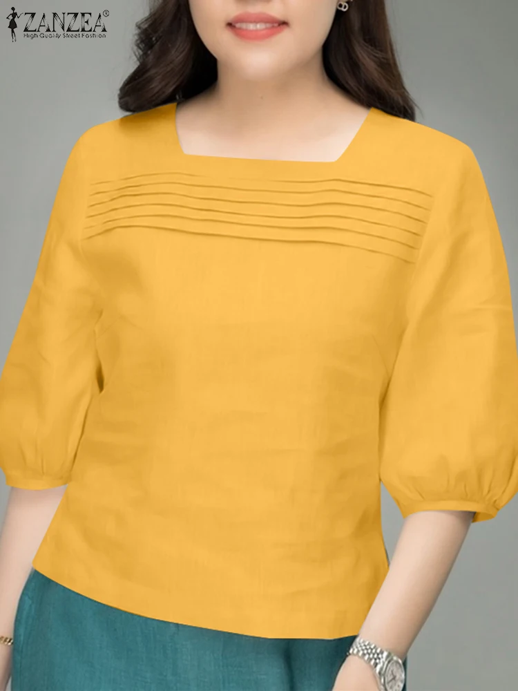 

ZANZEA Elegant Square Neck Office Women Blouse Summer Shirt Fashion Short Sleeve Solid Pleated Tops Stylish Split Hem Blusas