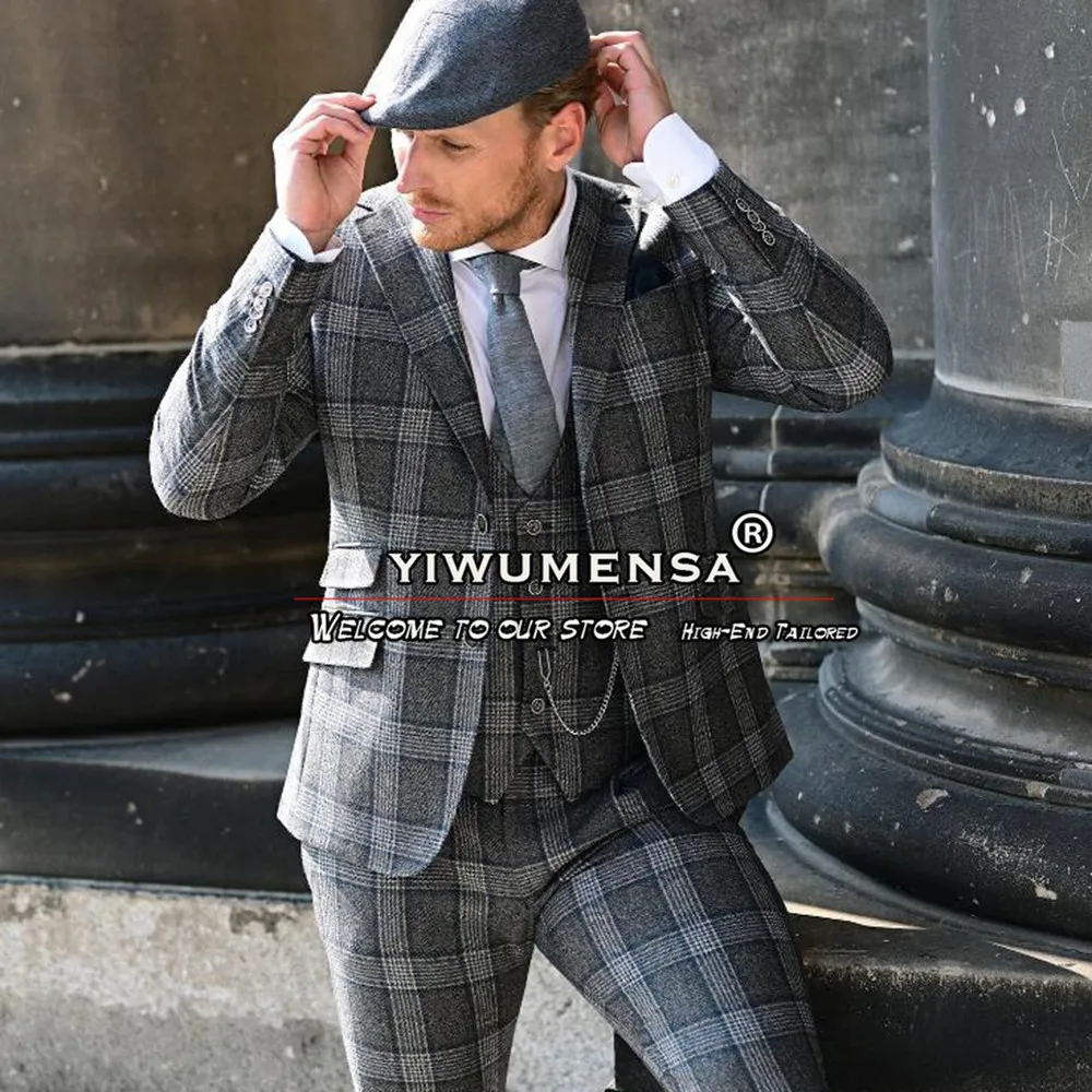 

Grey Plaid Check Business Suits Men Custom Made Single Breasted Jacket Vest Pants 3 Pieces Wedding Tuxedo Custom Made Man Blazer