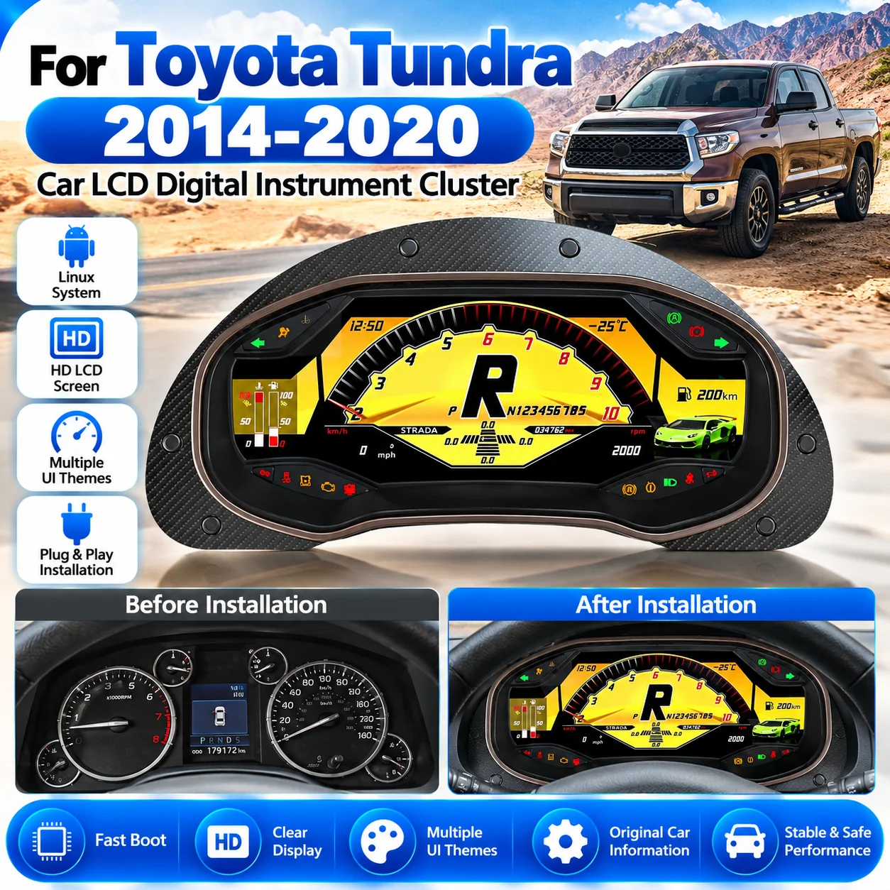 Speedometer LCD Virtual Cockpit Digital Dashboard For Toyota Tundra 2014-2020 Instrument Cluster Gauge Plug & Play