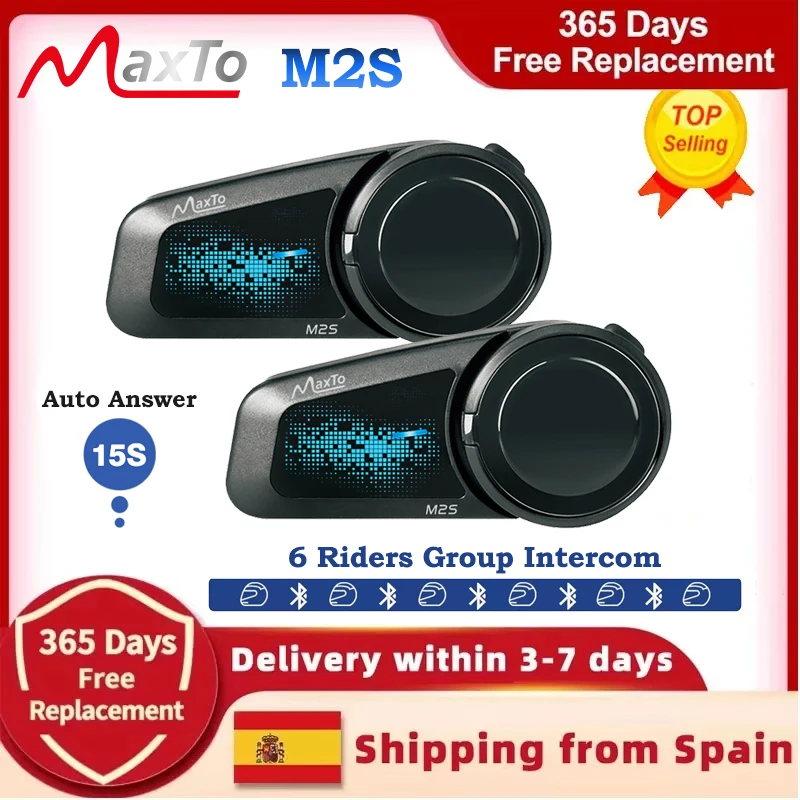 Casque de moto Bluetooth Maxto M2S avec 6 interphones de groupe, commande vocale, partage de musique, réponse automatique, étanche IP67