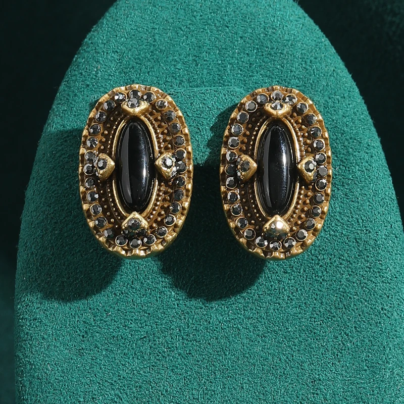 العتيقة الذهب اللون الأسود العقيق البيضاوي قرط الاذن المرصع حجر الراين مجوهرات فاخرة مصمم خمر للنساء الزفاف الشكر 2025