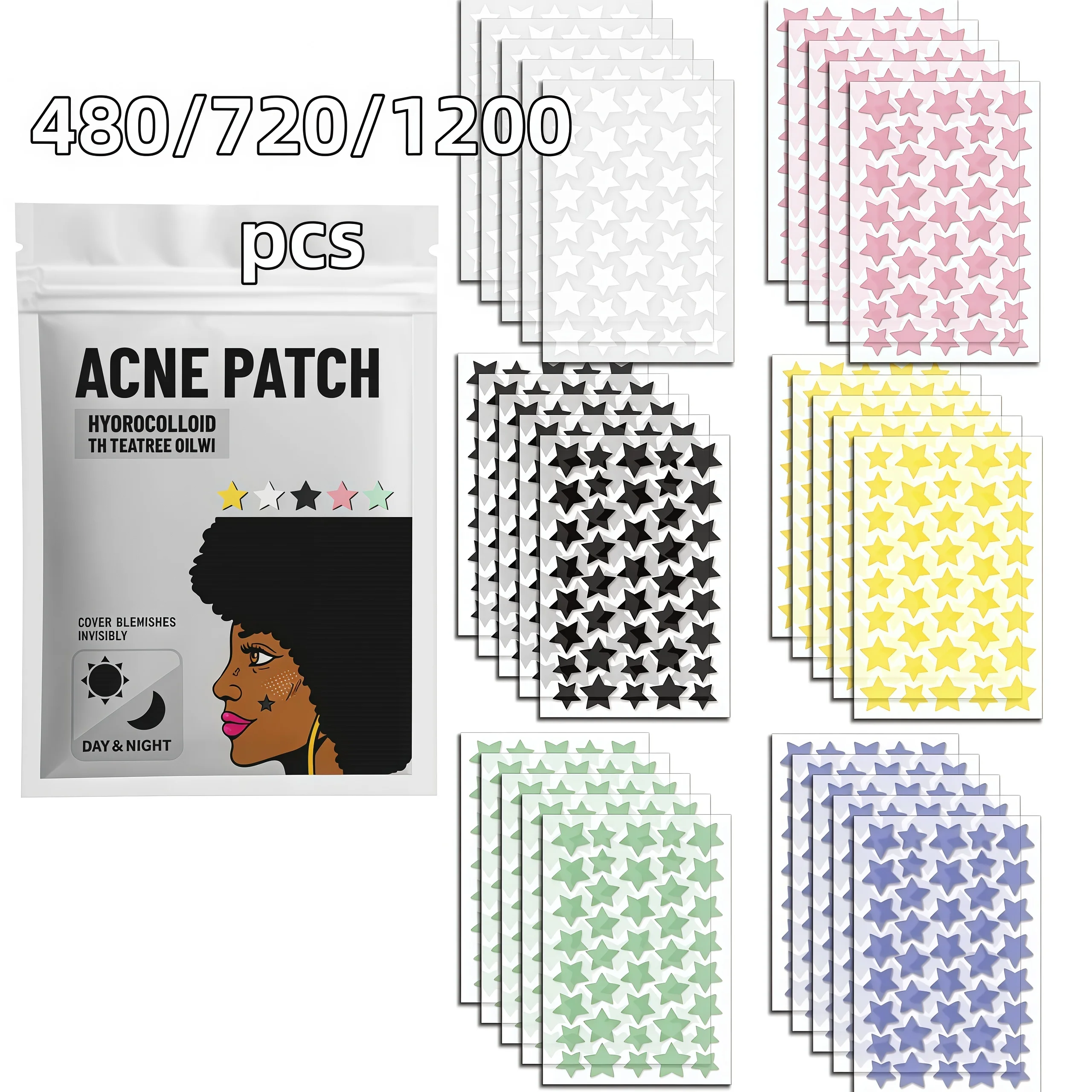 480/720/1200pcs Colorful Star Face Stickers, Rainbow Mixed Size Invisible Dot Patch Set
