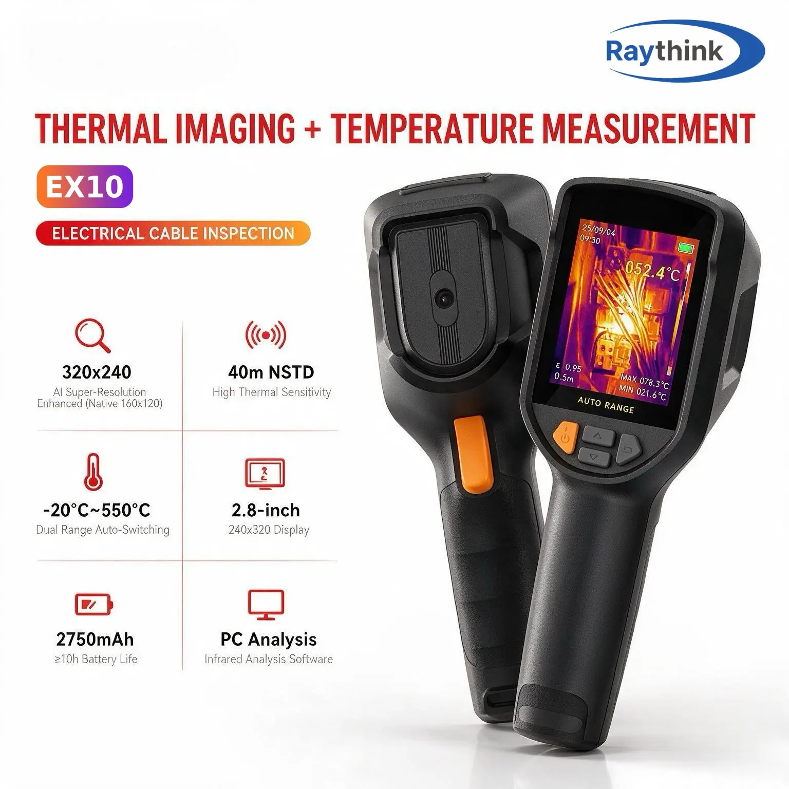 Raythink EX10 Handheld Thermal Imaging Camera Isotherm Alarm 3 Custom Points 320x240 AI Super Resolution for Cable Inspection