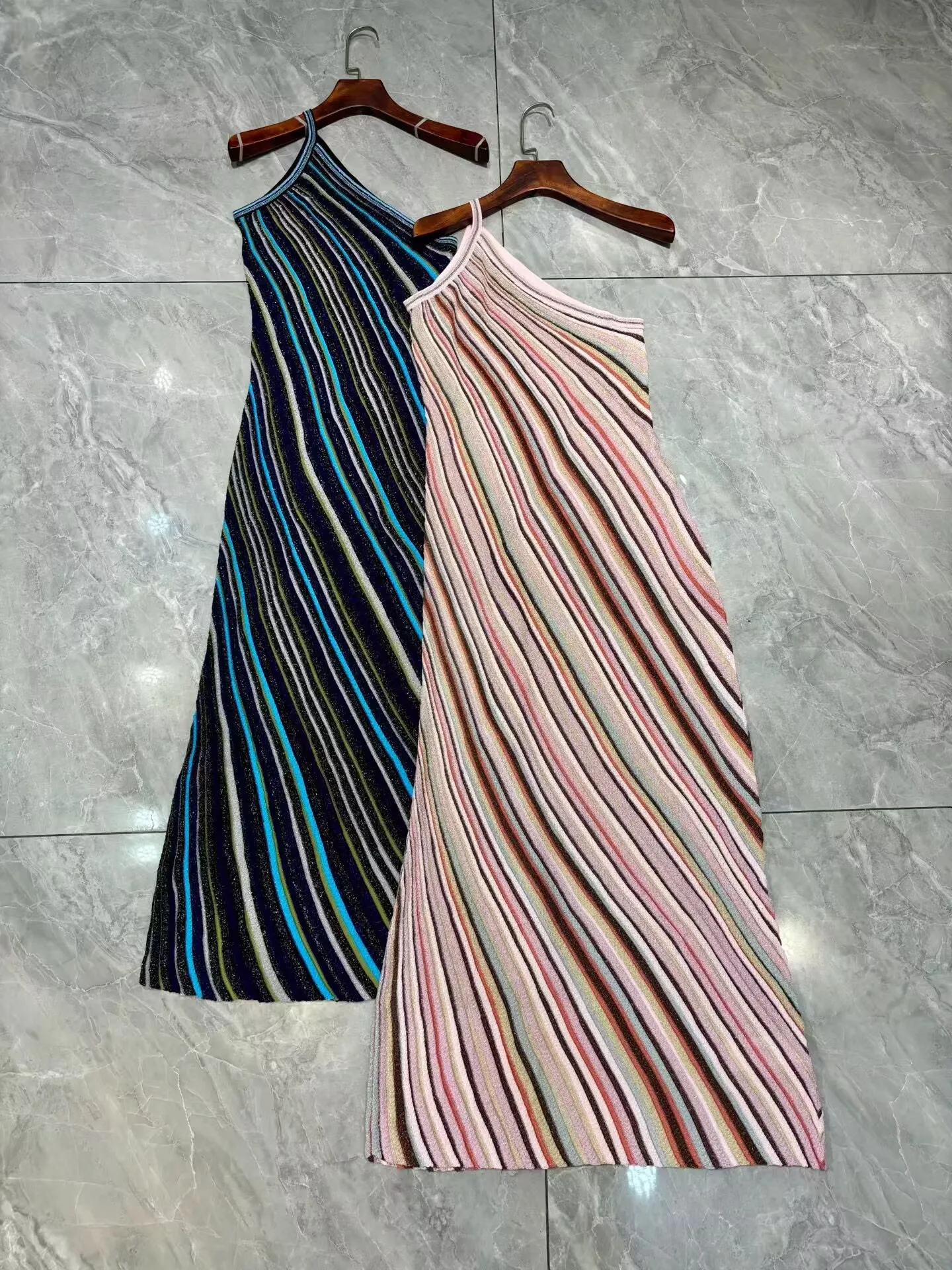 2026 Women Sequins Knitted Robe Gradient Striped Diagonal Collar Sleeveless High Waist Fashion Slim Knit Long Dress